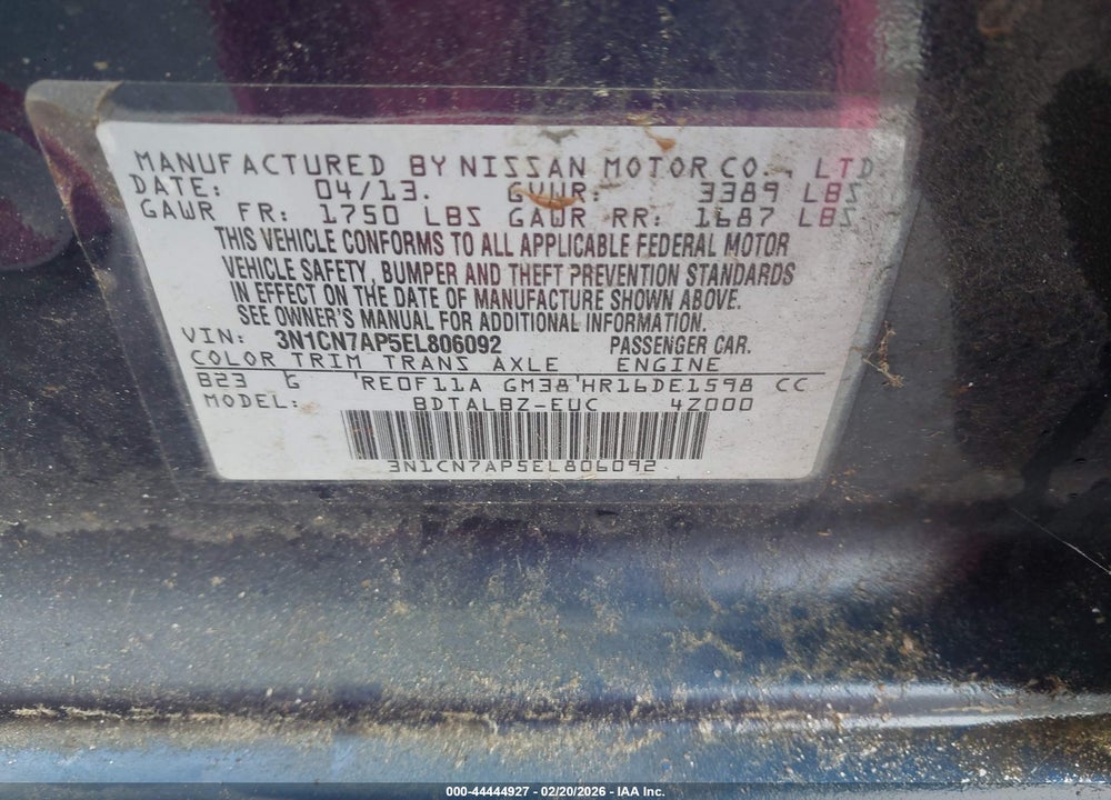 2014 NISSAN VERSA 1.6 SV VIN: 3N1CN7AP5EL806092