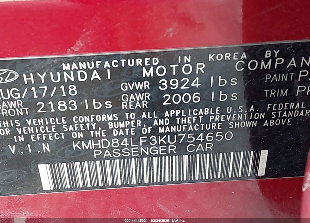 2019 HYUNDAI ELANTRA LIMITED VIN: KMHD84LF3KU754650
