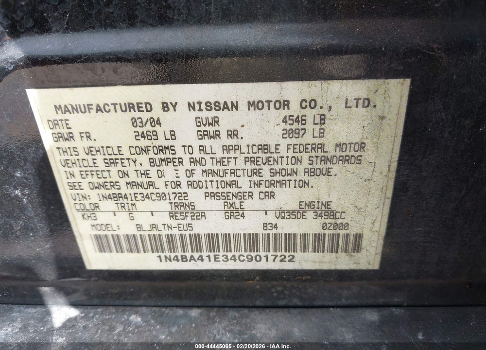 2004 NISSAN MAXIMA 3.5 SE VIN: 1N4BA41E34C901722