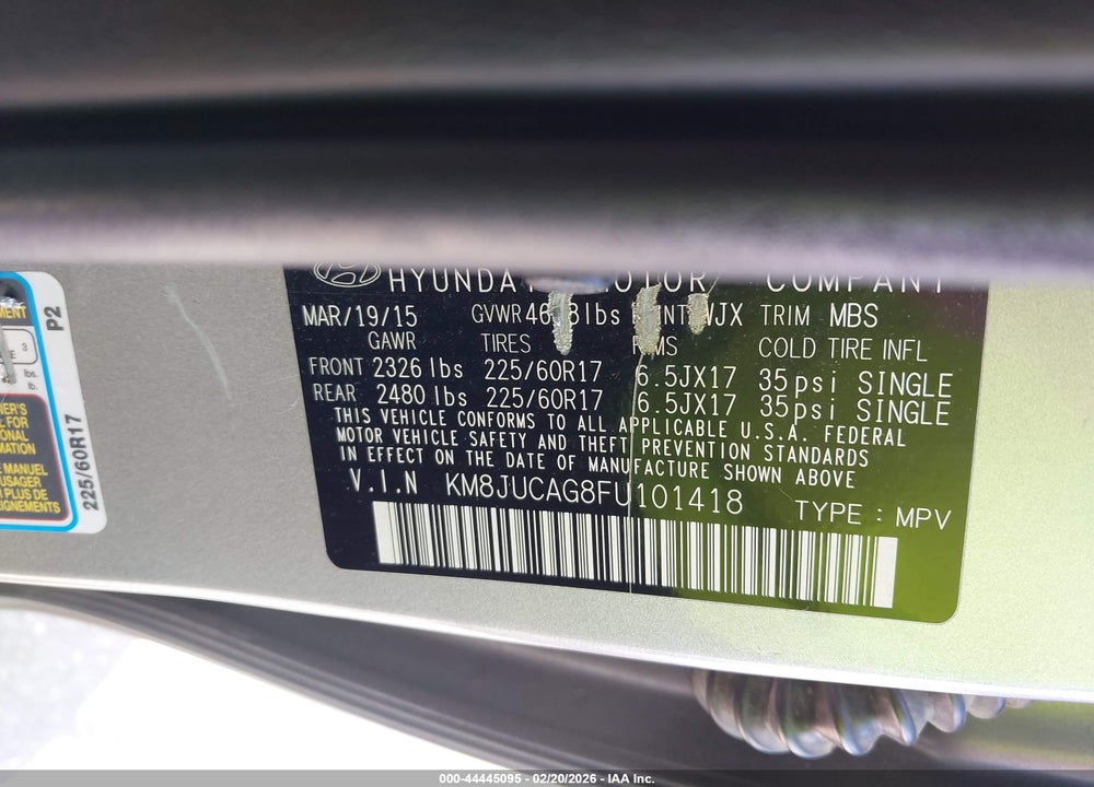 2015 HYUNDAI TUCSON SE VIN: KM8JUCAG8FU101418