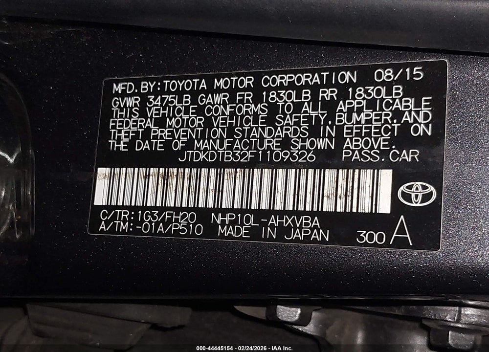 2015 TOYOTA PRIUS C ONE VIN: JTDKDTB32F1109326