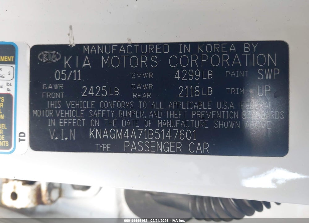 2011 KIA OPTIMA LX VIN: KNAGM4A71B5147601
