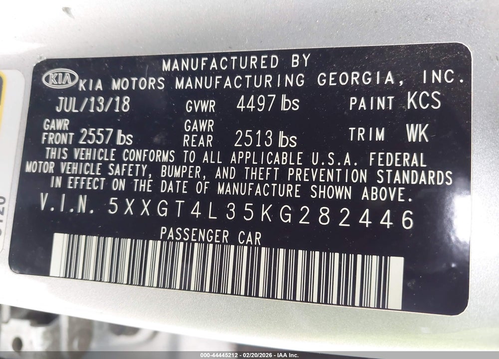 2019 KIA OPTIMA LX VIN: 5XXGT4L35KG282446