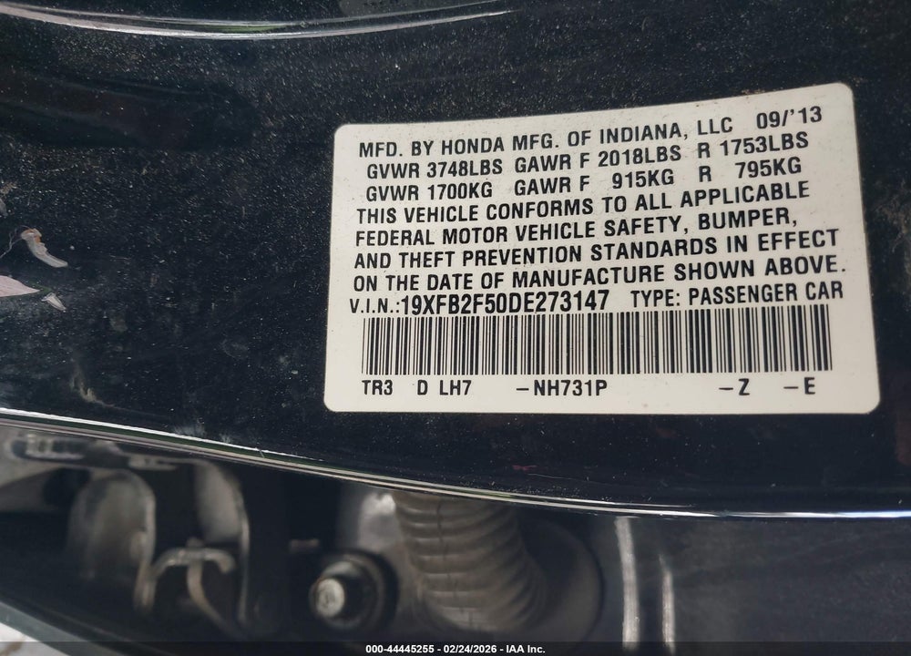 2013 HONDA CIVIC LX VIN: 19XFB2F50DE273147