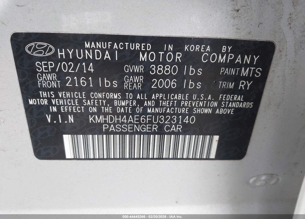 2015 HYUNDAI ELANTRA SE VIN: KMHDH4AE6FU323140