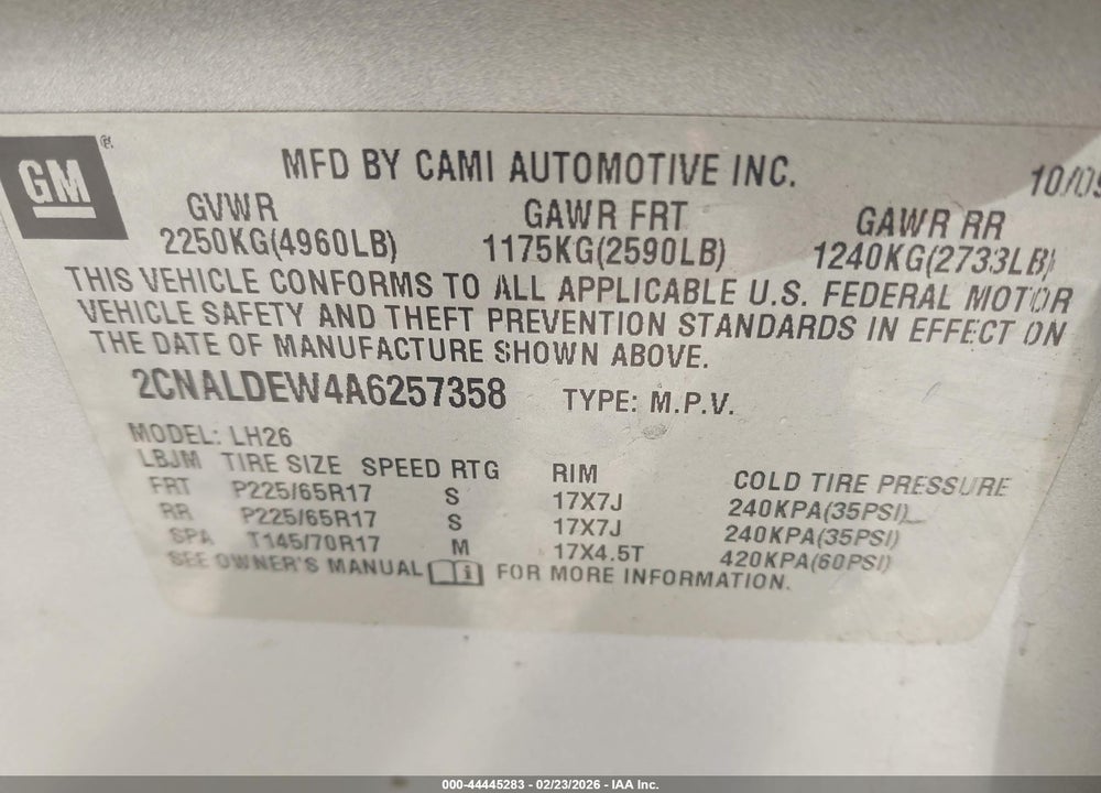 2010 CHEVROLET EQUINOX LT VIN: 2CNALDEW4A6257358
