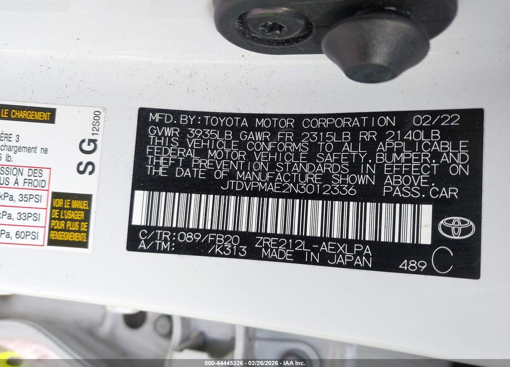 2022 TOYOTA COROLLA LE VIN: JTDVPMAE2N3012336