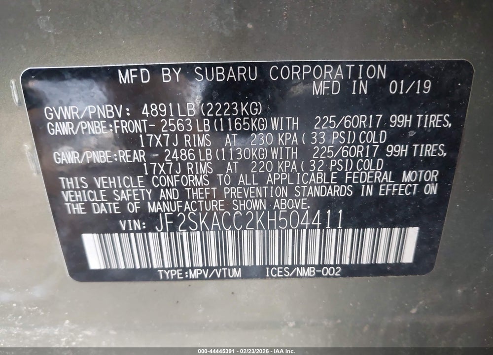 2019 SUBARU FORESTER VIN: JF2SKACC2KH504411