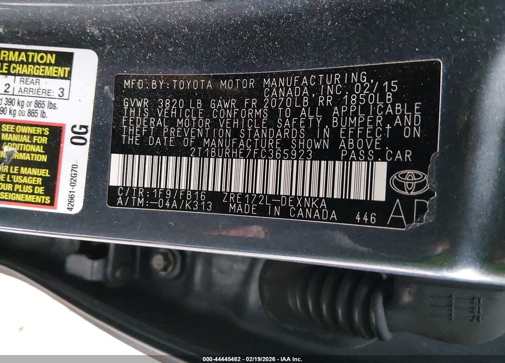 2015 TOYOTA COROLLA LE VIN: 2T1BURHE7FC365923