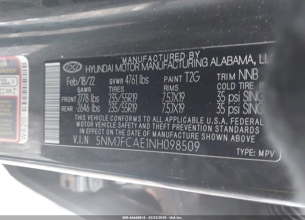 2022 HYUNDAI TUCSON SEL VIN: 5NMJFCAE1NH098509