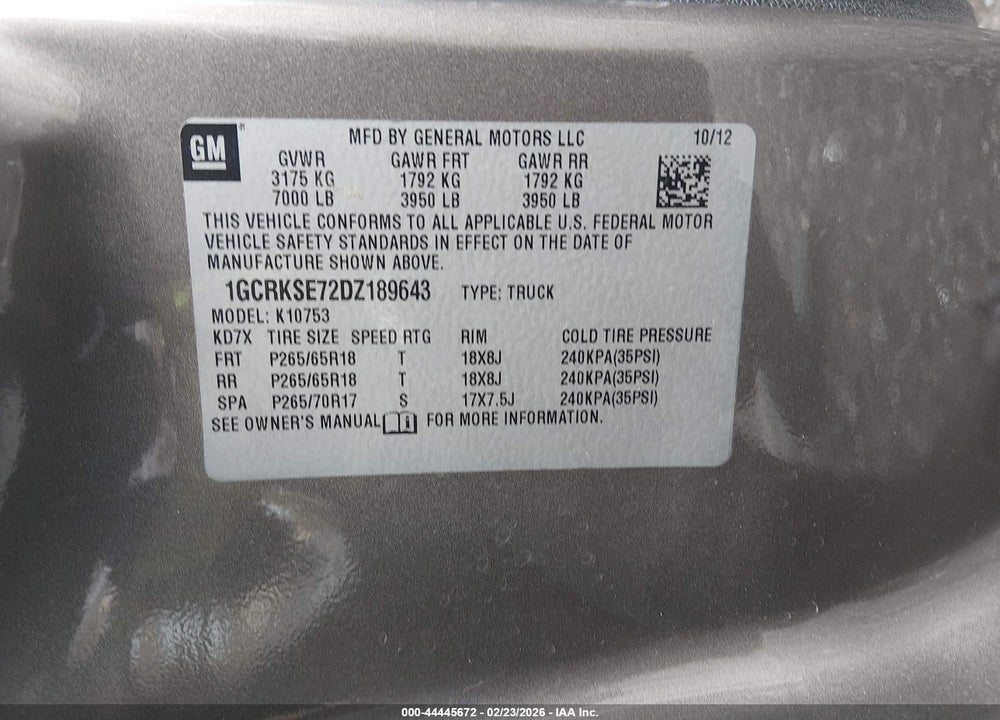2013 CHEVROLET SILVERADO 1500 LT VIN: 1GCRKSE72DZ189643