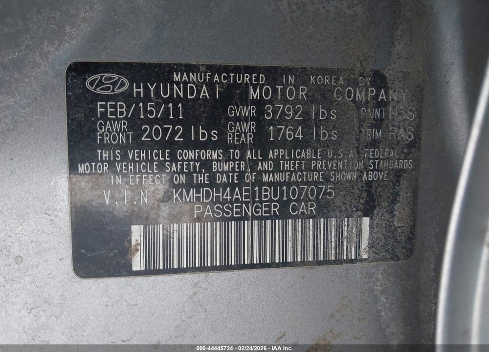 2011 HYUNDAI ELANTRA GLS (ULSAN PLANT) VIN: KMHDH4AE1BU107075
