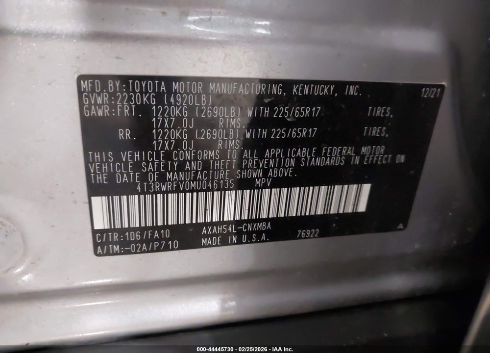 2021 TOYOTA RAV4 HYBRID XLE VIN: 4T3RWRFV0MU046135