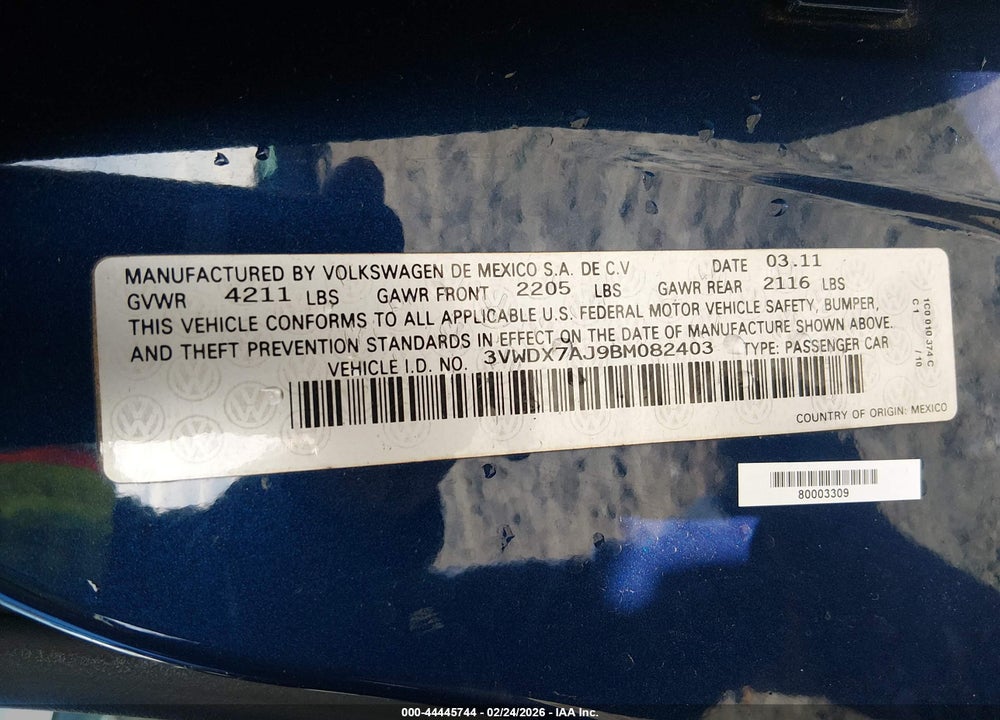 2011 VOLKSWAGEN JETTA 2.5L SE VIN: 3VWDX7AJ9BM082403