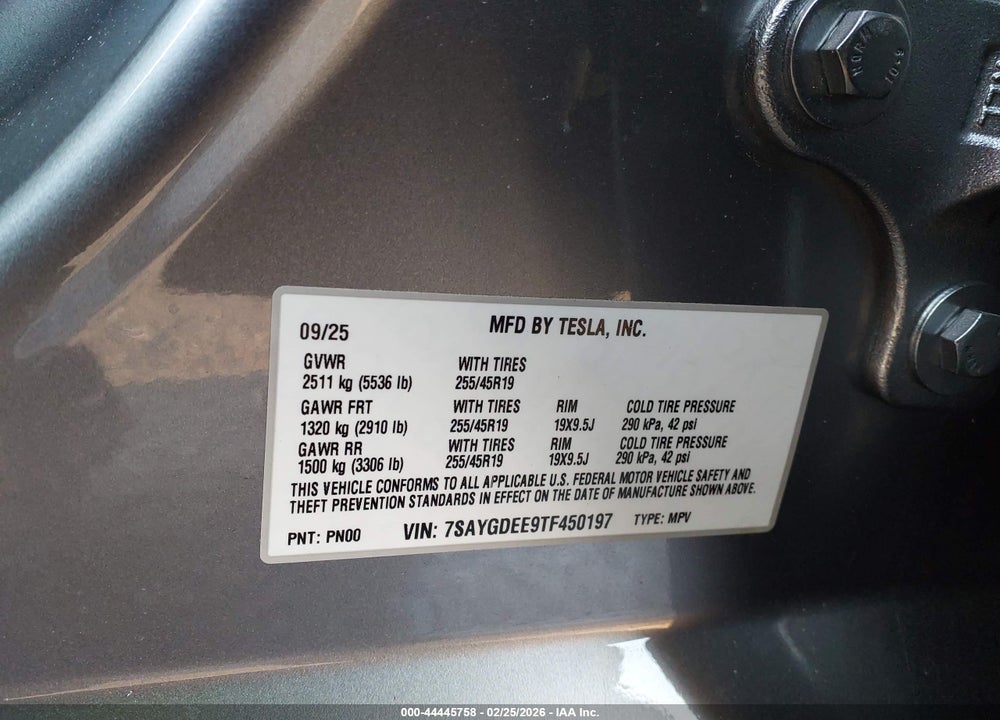 2026 TESLA MODEL Y VIN: 7SAYGDEE9TF450197