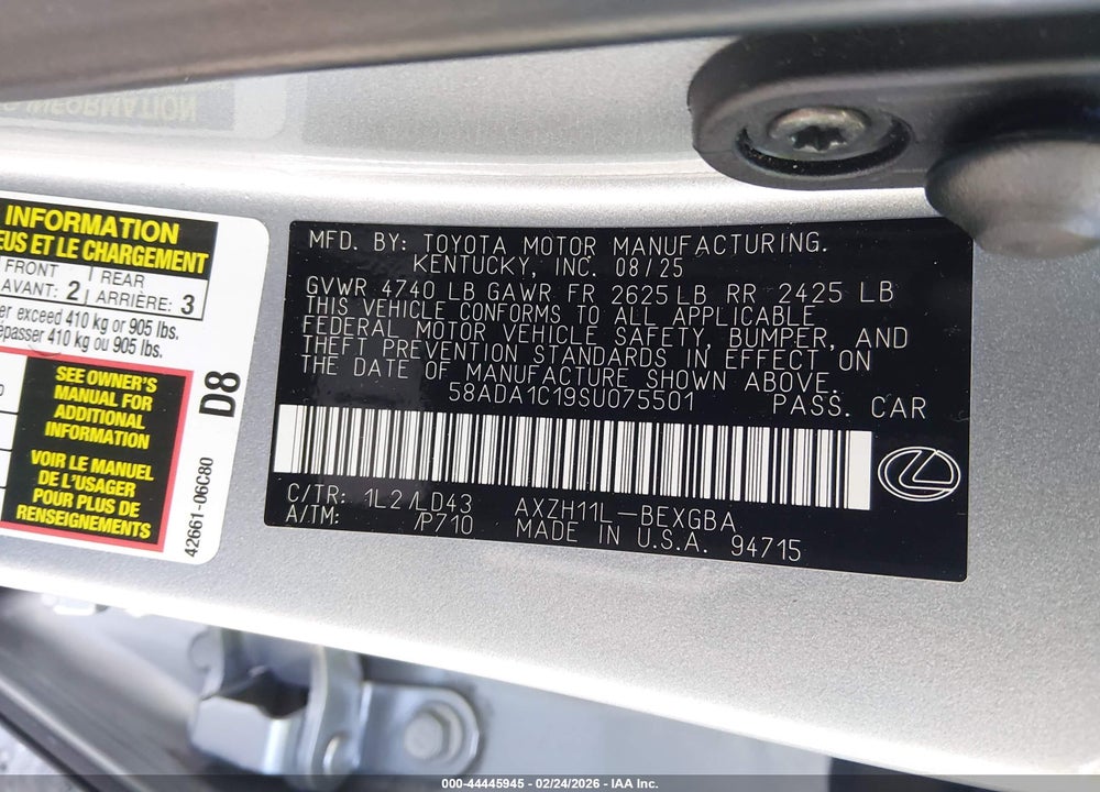 2025 LEXUS ES 300H VIN: 58ADA1C19SU075501