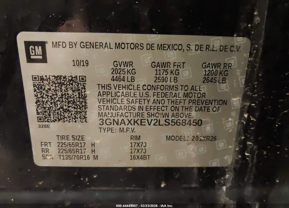 2020 CHEVROLET EQUINOX FWD LT 1.5L TURBO VIN: 3GNAXKEV2LS568450