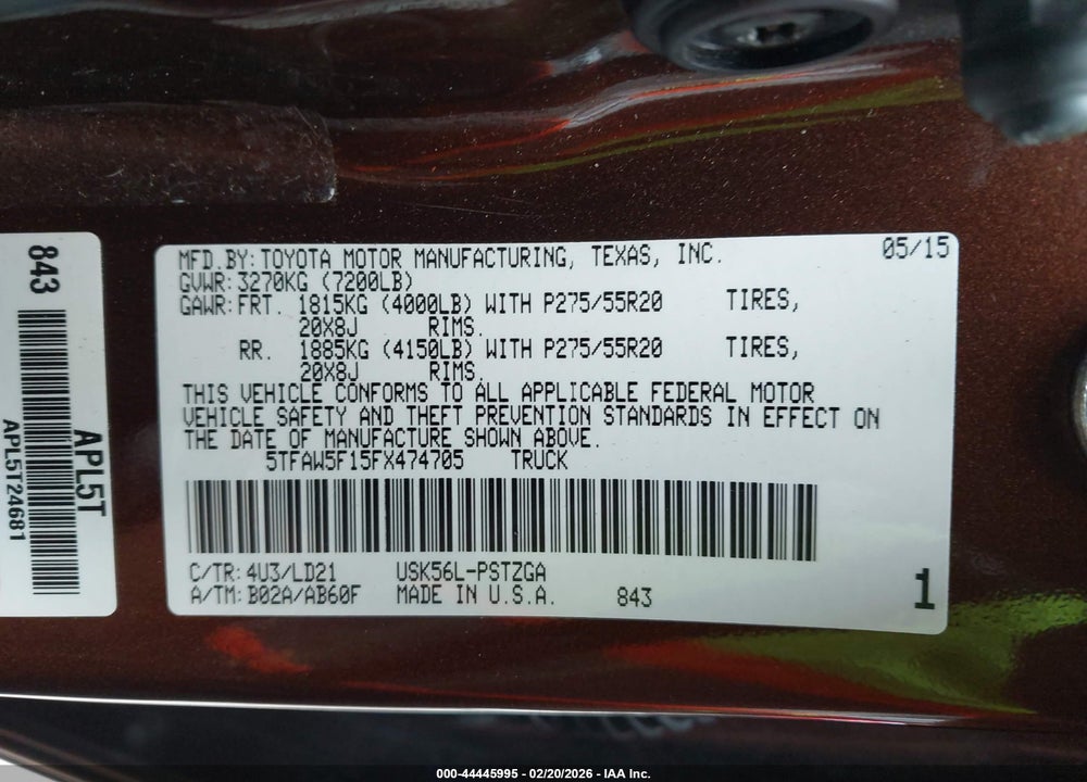 2015 TOYOTA TUNDRA 1794 5.7L V8 VIN: 5TFAW5F15FX474705