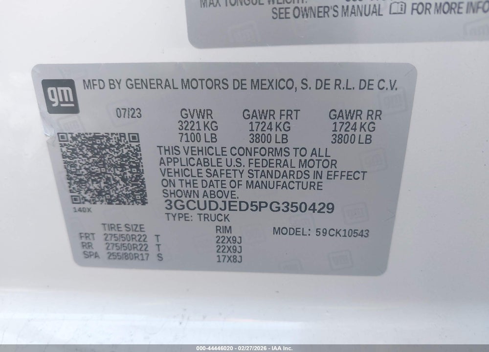 2023 CHEVROLET SILVERADO 1500 4WD  SHORT BED HIGH COUNTRY VIN: 3GCUDJED5PG350429