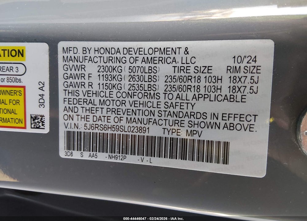2025 HONDA CR-V SPORT VIN: 5J6RS6H59SL023891