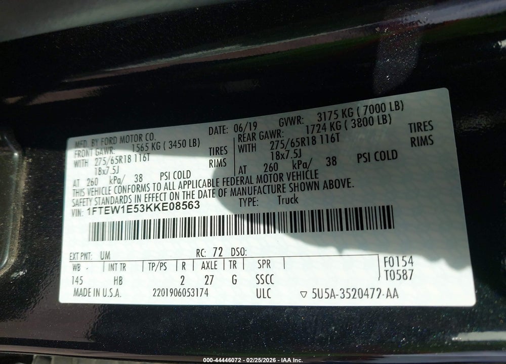 2019 FORD F-150 LARIAT VIN: 1FTEW1E53KKE08563