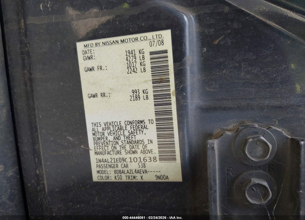 2009 NISSAN ALTIMA 2.5 VIN: 1N4AL21E09C101638