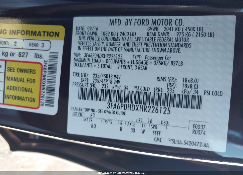 2017 FORD FUSION SE VIN: 3FA6P0HDXHR226125