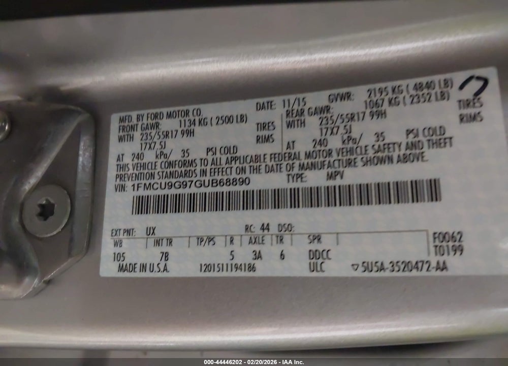 2016 FORD ESCAPE SE VIN: 1FMCU9G97GUB68890