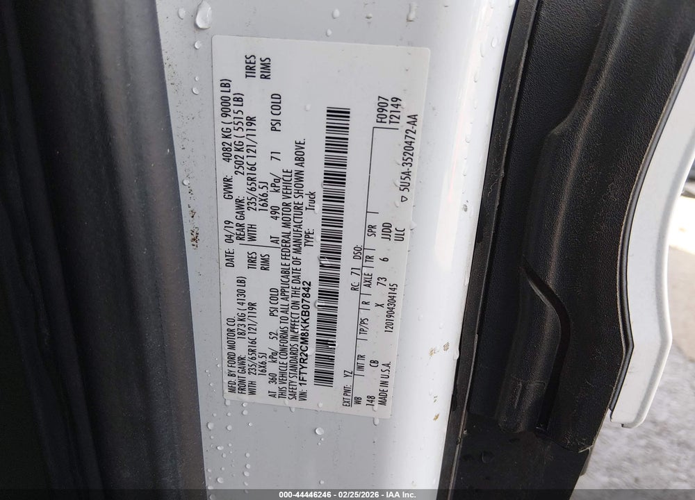 2019 FORD TRANSIT-250 VIN: 1FTYR2CM8KKB07842