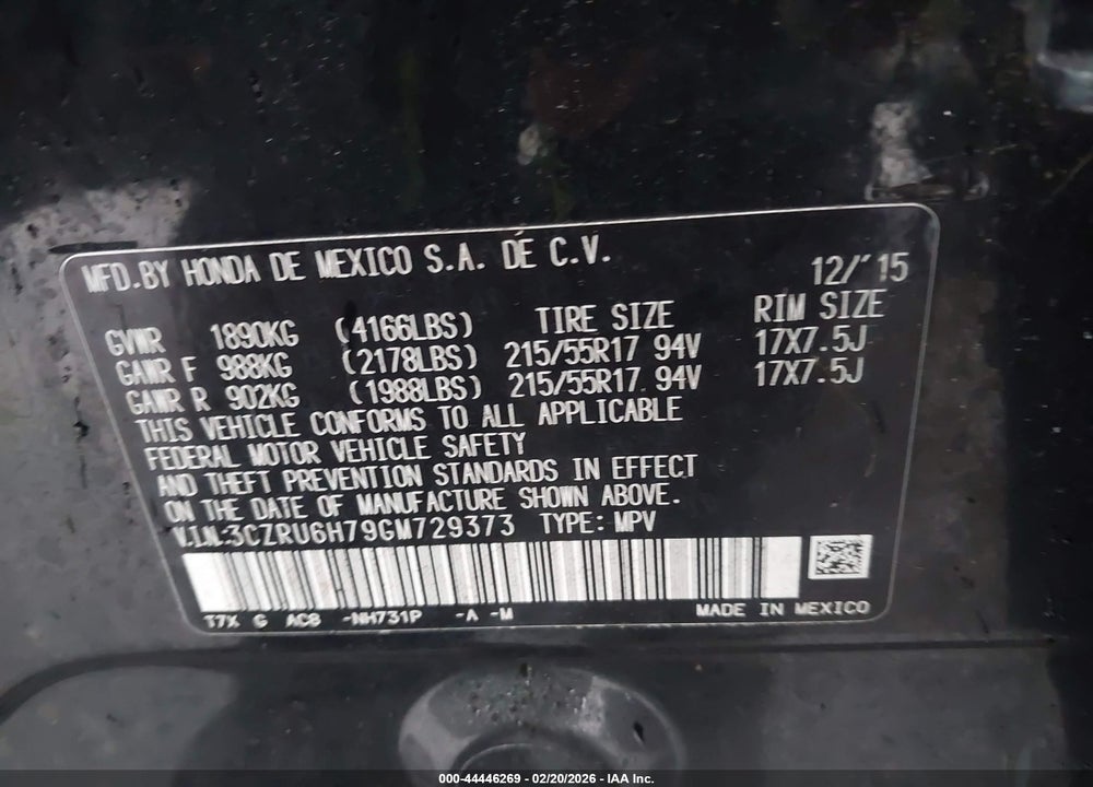 2016 HONDA HR-V EX-L VIN: 3CZRU6H79GM729373