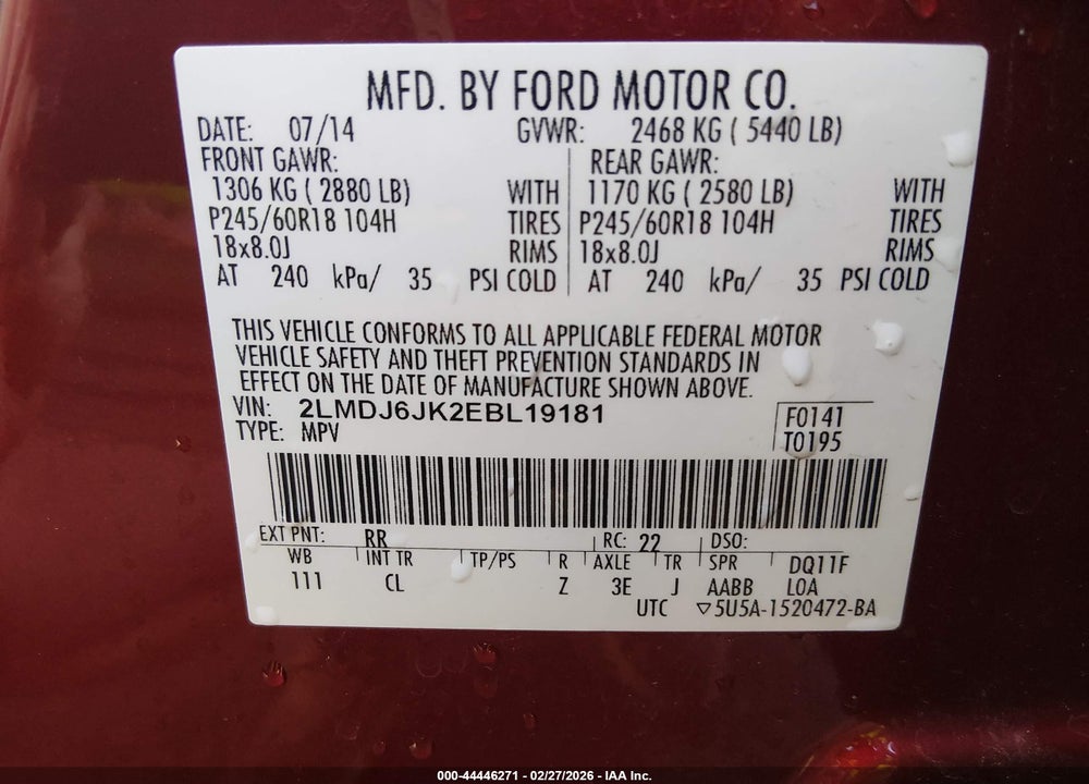 2014 LINCOLN MKX VIN: 2LMDJ6JK2EBL19181