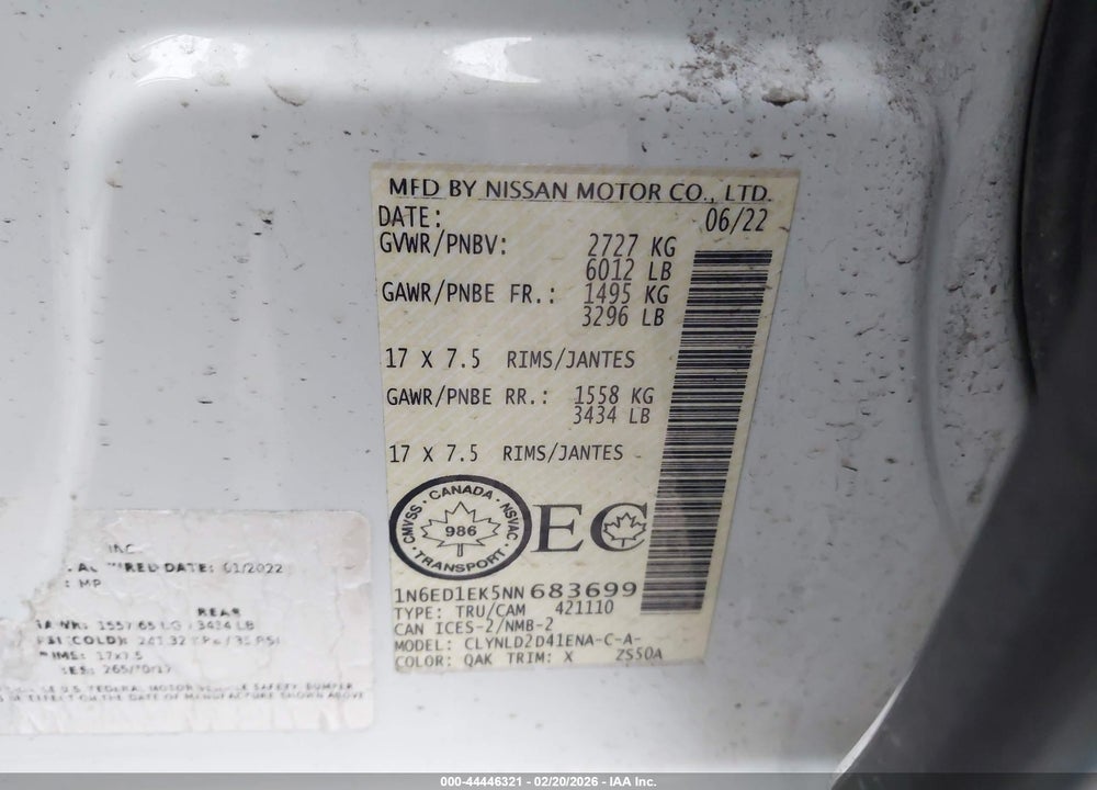 2022 NISSAN FRONTIER VIN: 1N6ED1EK5NN683699