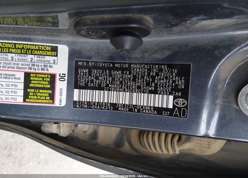 2016 TOYOTA COROLLA LE VIN: 2T1BURHE9GC680210