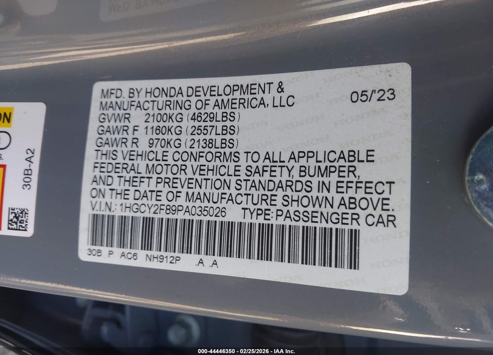 2023 HONDA ACCORD HYBRID TOURING VIN: 1HGCY2F89PA035026