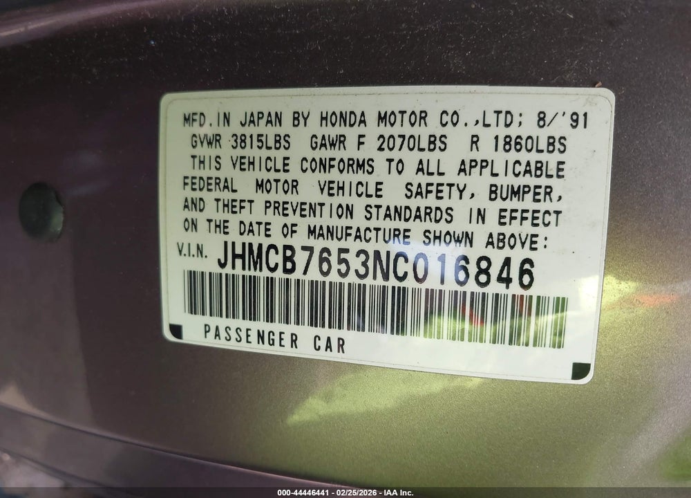 1992 HONDA ACCORD LX/EX VIN: JHMCB7653NC016846