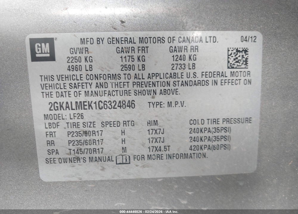 2012 GMC TERRAIN SLE-1 VIN: 2GKALMEK1C6324846