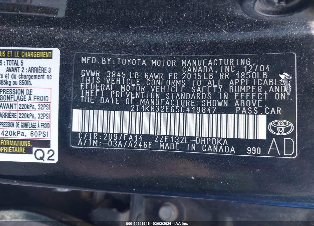 2005 TOYOTA MATRIX VIN: 2T1KR32E65C419847