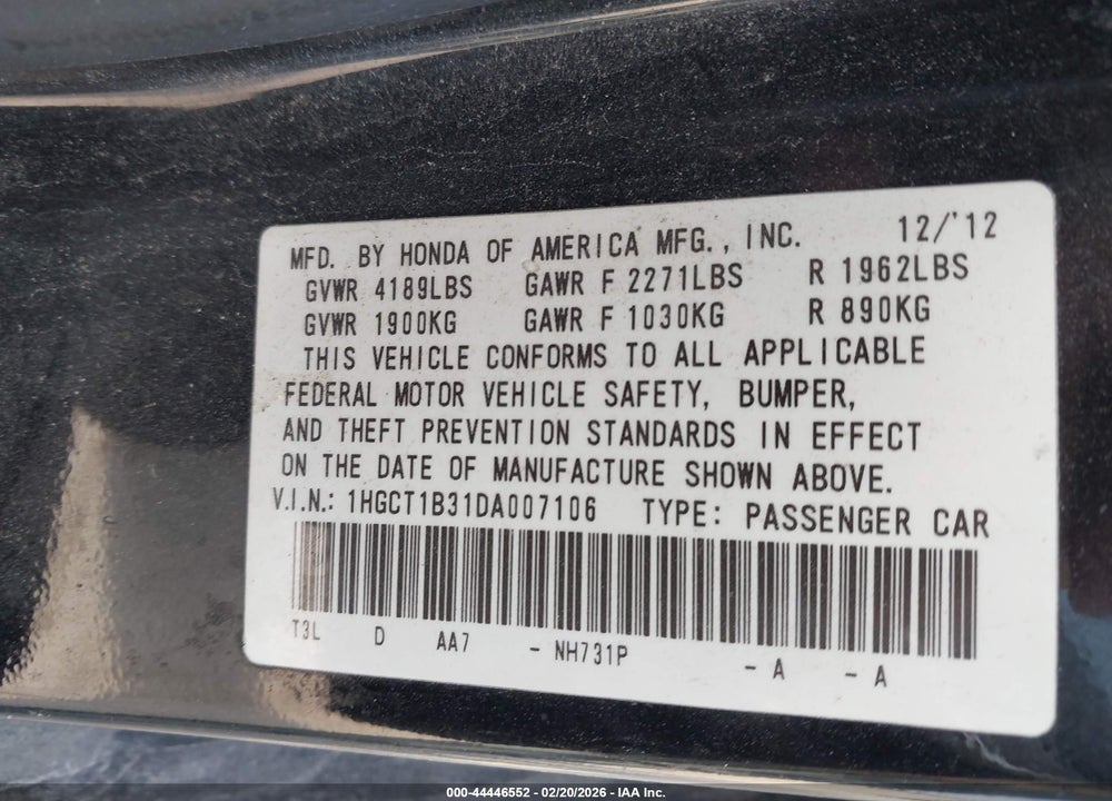 2013 HONDA ACCORD LX-S VIN: 1HGCT1B31DA007106
