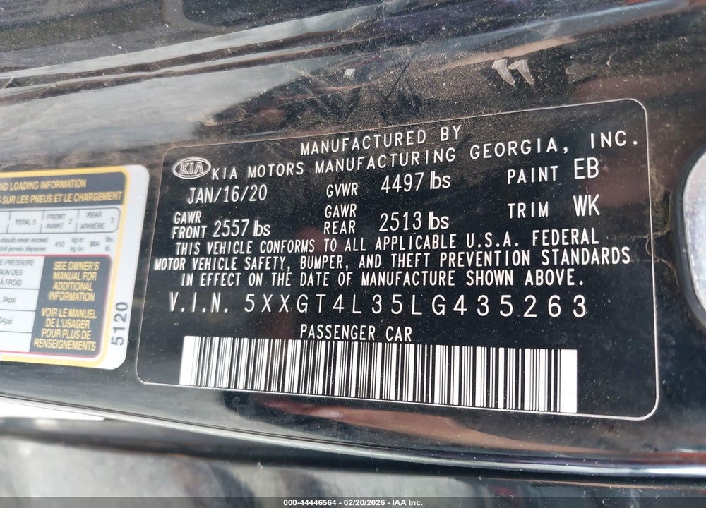 2020 KIA OPTIMA LX VIN: 5XXGT4L35LG435263