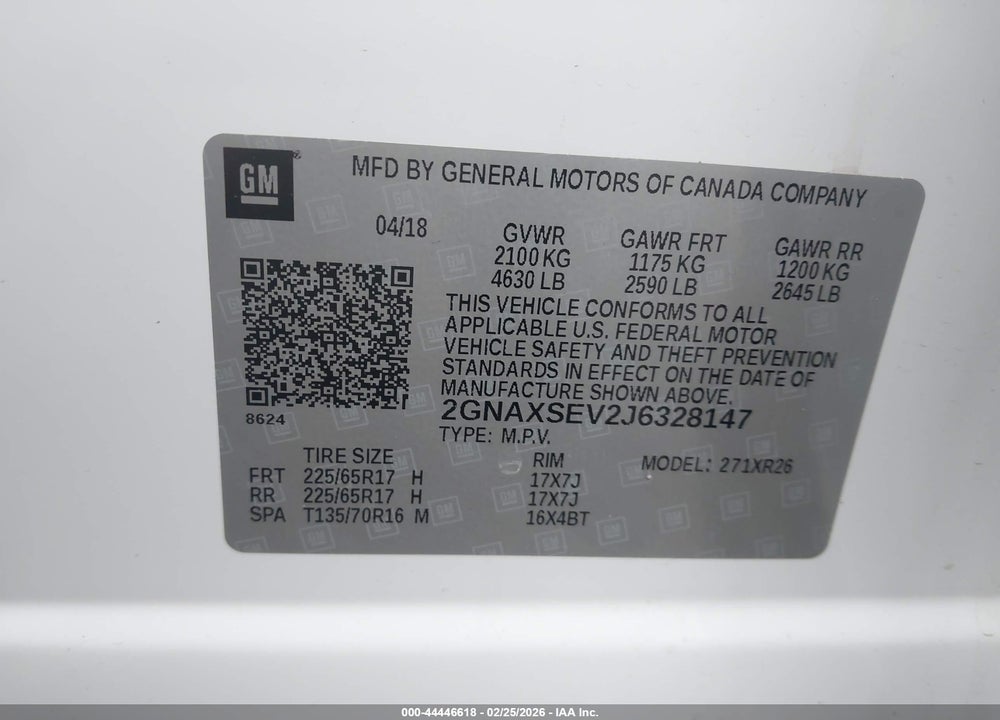 2018 CHEVROLET EQUINOX LT VIN: 2GNAXSEV2J6328147