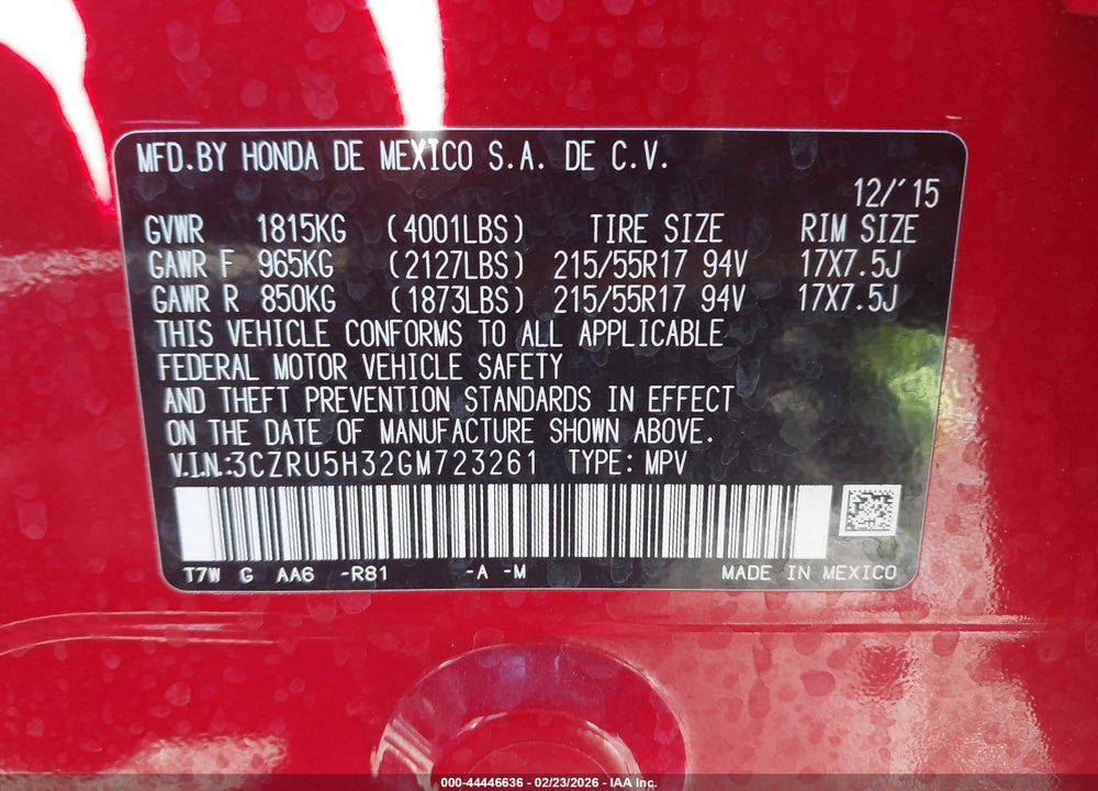2016 HONDA HR-V LX VIN: 3CZRU5H32GM723261