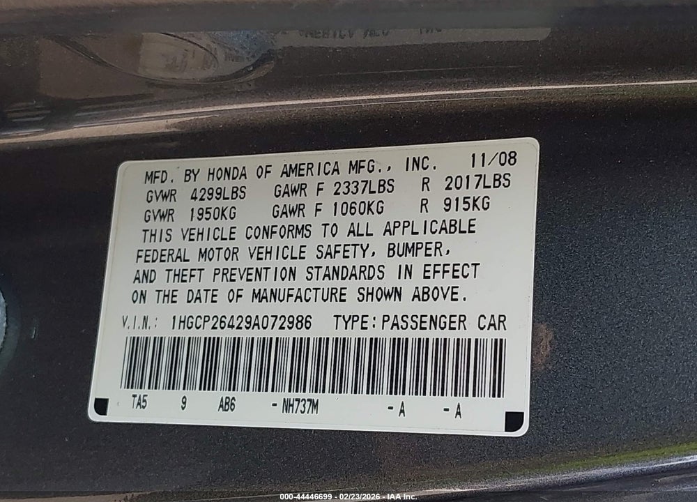 2009 HONDA ACCORD 2.4 LX-P VIN: 1HGCP26429A072986