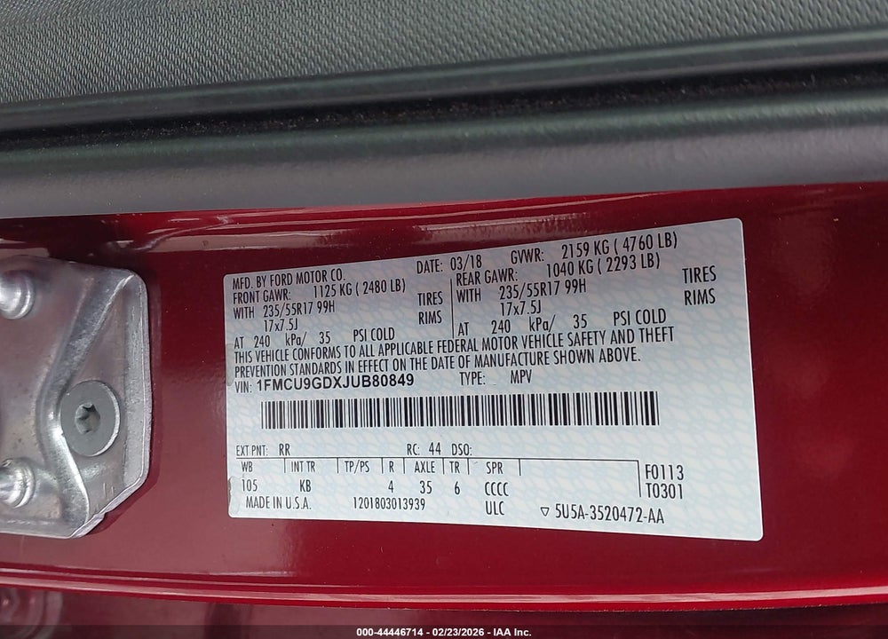 2018 FORD ESCAPE SE VIN: 1FMCU9GDXJUB80849