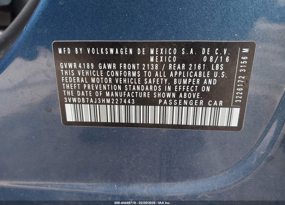 2017 VOLKSWAGEN JETTA 1.4T SE VIN: 3VWDB7AJ3HM227443