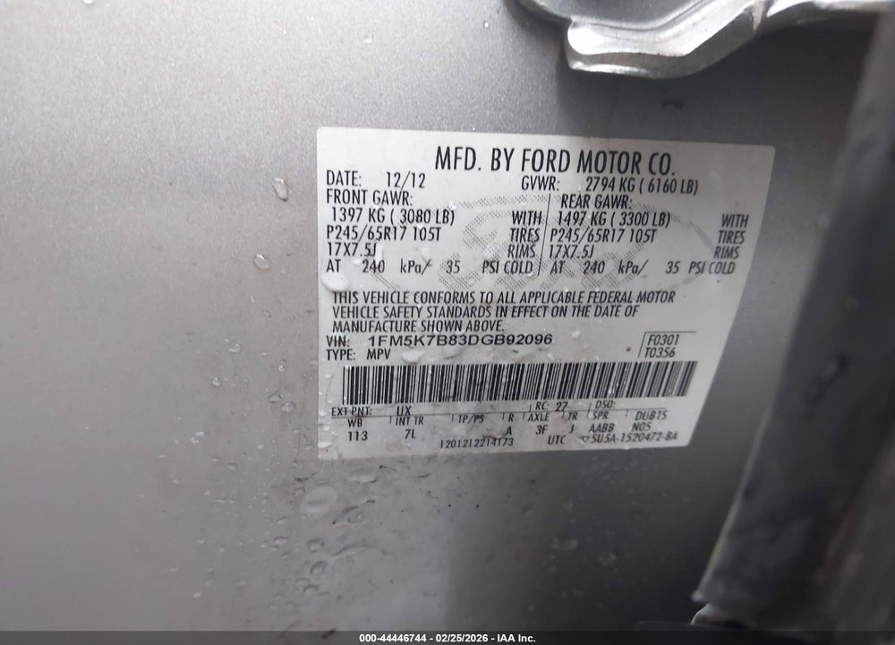 2013 FORD EXPLORER VIN: 1FM5K7B83DGB92096