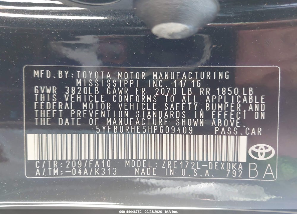 2017 TOYOTA COROLLA L VIN: 5YFBURHE5HP609409