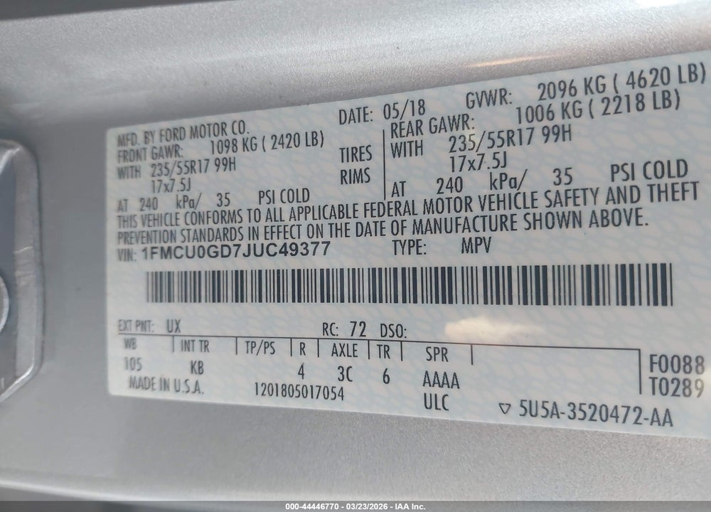 2018 FORD ESCAPE SE VIN: 1FMCU0GD7JUC49377