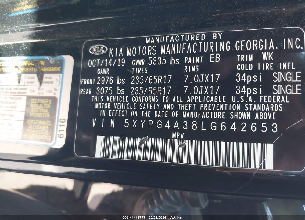 2020 KIA SORENTO 2.4L LX VIN: 5XYPG4A38LG642653