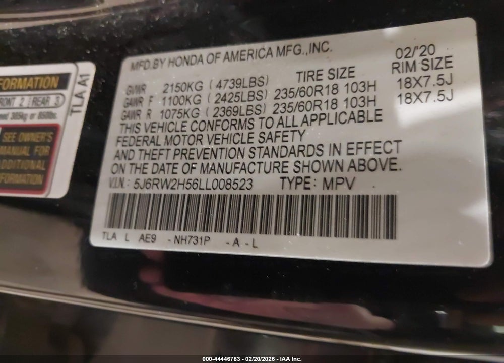2020 HONDA CR-V AWD EX VIN: 5J6RW2H56LL008523