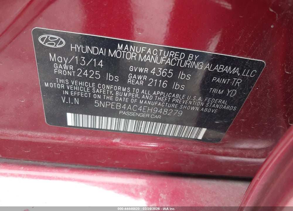 2014 HYUNDAI SONATA GLS VIN: 5NPEB4AC4EH948279